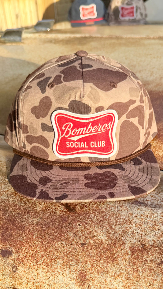 Dark brown camo Richardson 256P Gramps hat w/ brown cord & high life patch