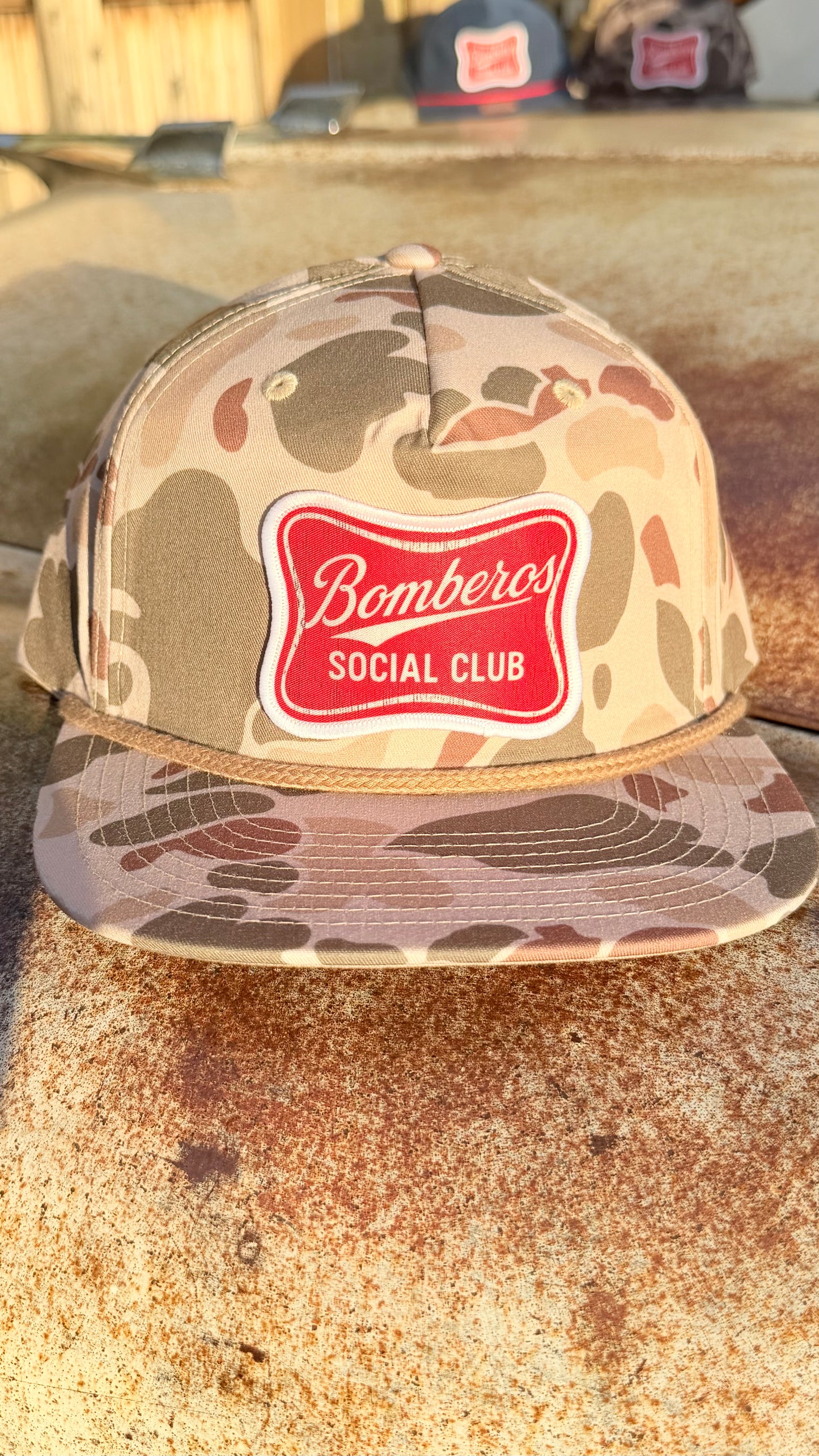 Light brown camo Richardson 256P Gramps hat w/ tan cord & high life patch