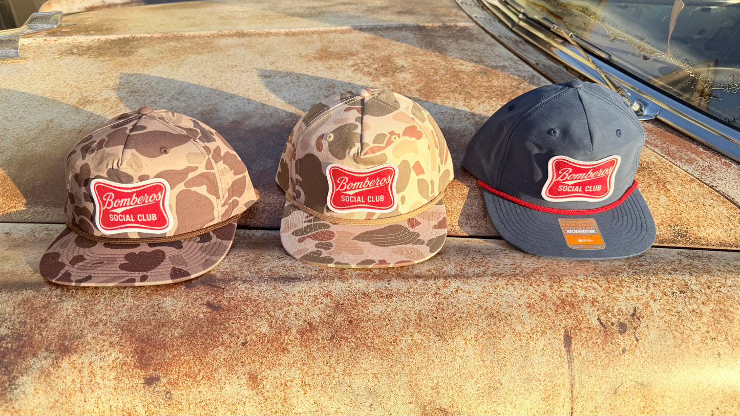 Light brown camo Richardson 256P Gramps hat w/ tan cord & high life patch